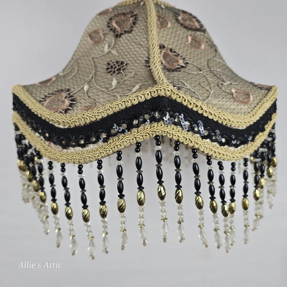 Victorian Style Lamp Shade Beaded Tassels Black Pink Gold Floral Flowers 13x7